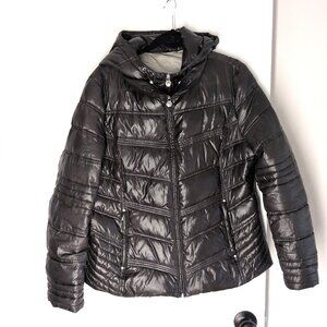 Laundry by Shelli Segal silver-gray quilted hooded puffer jacket XL full zip
